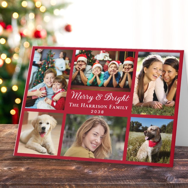 Cartão De Festividades Feliz E Brilho 6 Foto Colagem Vermelha Natal (This holiday season, let the magic of your cherished moments unfold with our 6 photo Christmas card)