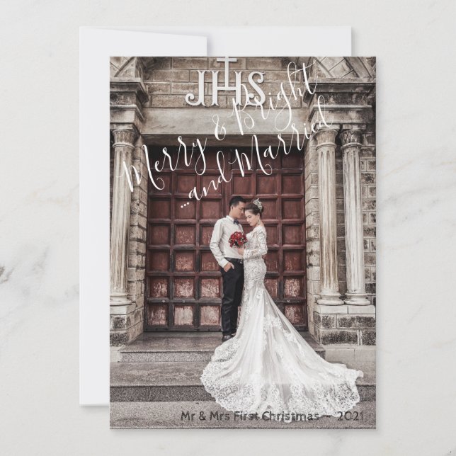 Cartão De Festividades Feliz e Brilho elegantes e Foto de Natal casada (Frente)