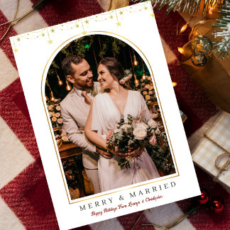Cartão De Festividades Feliz e Casado Estrelas Douradas Arco Foto Natal