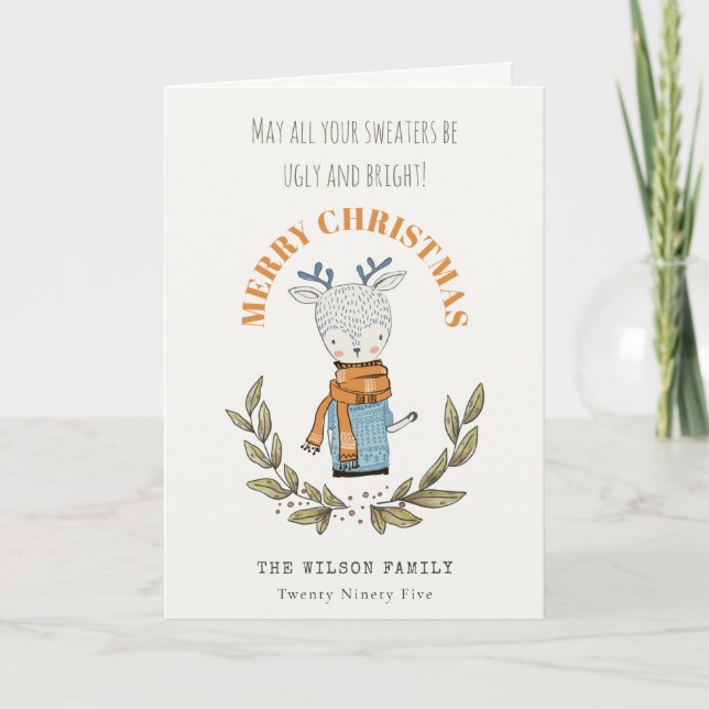 Cartão De Festividades Feliz e Feliz Suéter Leafy Reindey Natal (Frente)