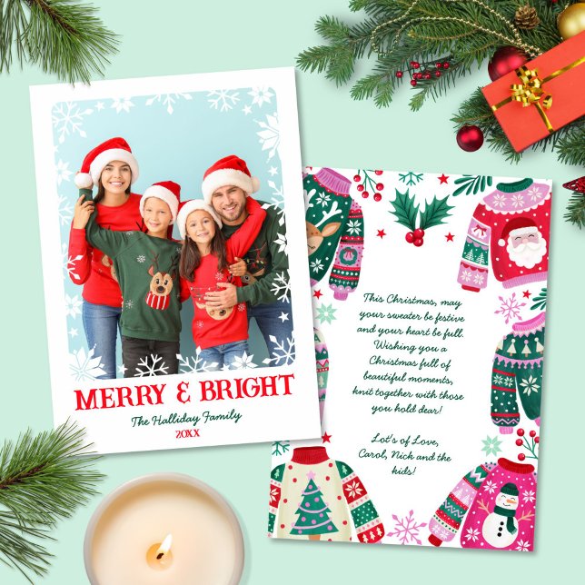 Cartão De Festividades Feliz e Flocos de Neve Brilhantes 1 Foto Natal (Merry and Bright Snowflakes 1 Photo Christmas Holiday Card)