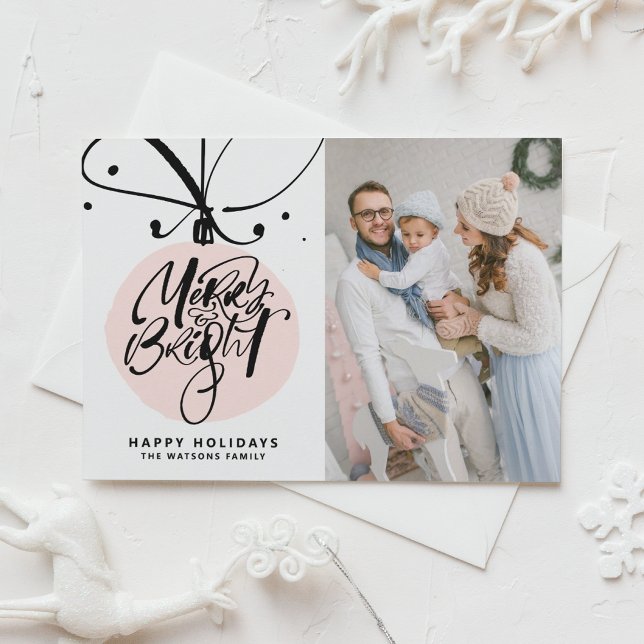 Cartão De Festividades Feliz e Letra Brilhante Foto do Ornamento Rosa (Criador carregado)