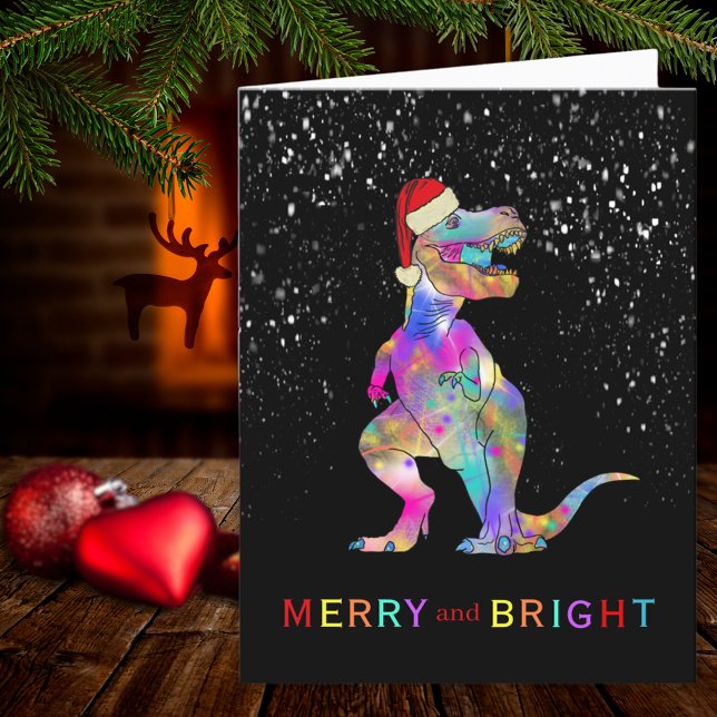 Cartão De Festividades Feliz e Papais noeis Brilhantes do Dinossauro de N (Dinosaur Christmas T-Rex merry and bright fun holiday greetings card)