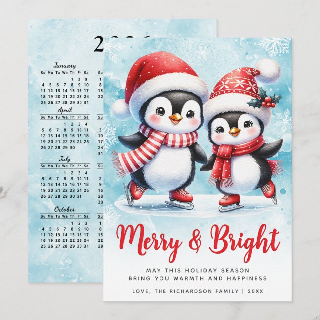 Cartão De Festividades Feliz e Pinguim Brito Pinguim Azul Natal Vermelho (Frente/Verso)