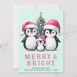 Cartão De Festividades Feliz e Pinguins Brilhantes Família Rosa Natal