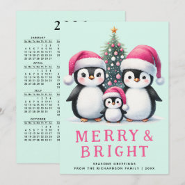 Cartão De Festividades Feliz e Pinguins Brilhantes Família Rosa Natal