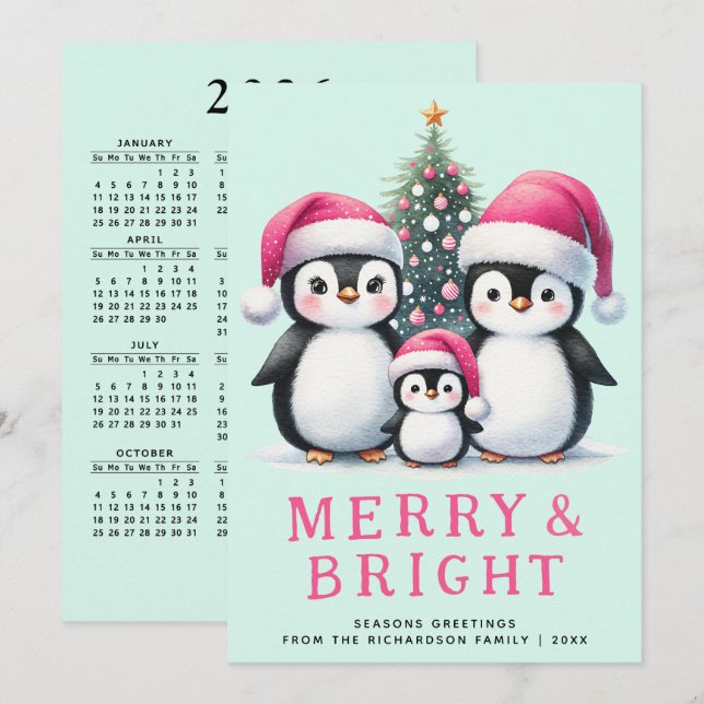 Cartão De Festividades Feliz e Pinguins Brilhantes Família Rosa Natal (Frente/Verso)