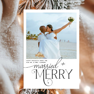 Cartão De Festividades Feliz e Script Casado Foto de Natal em Recém-casad