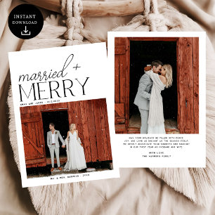 Cartão De Festividades Feliz e Script Casado Foto de Natal em Recém-casad