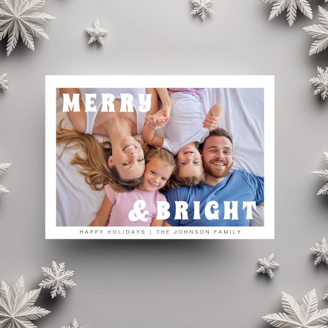 Cartão De Festividades Feliz E Tipografia Negra (Merry And Bright Bold Typography Christmas Holiday Card)