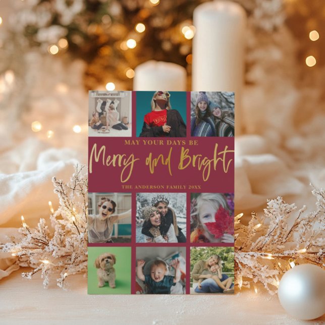 Cartão De Festividades Feliz e vermelho-chic brilhante e fotos Douradas 9 (Criador carregado)