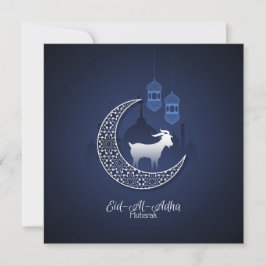 Cartão De Festividades Feliz Eid Al Adha Mubarak Bode Branco Azul Islâmic