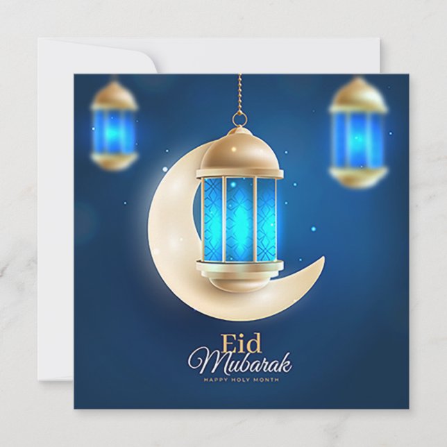 Cartão De Festividades Feliz Eid Crescente Dourada Lanterna Islâmica Azul (Frente)