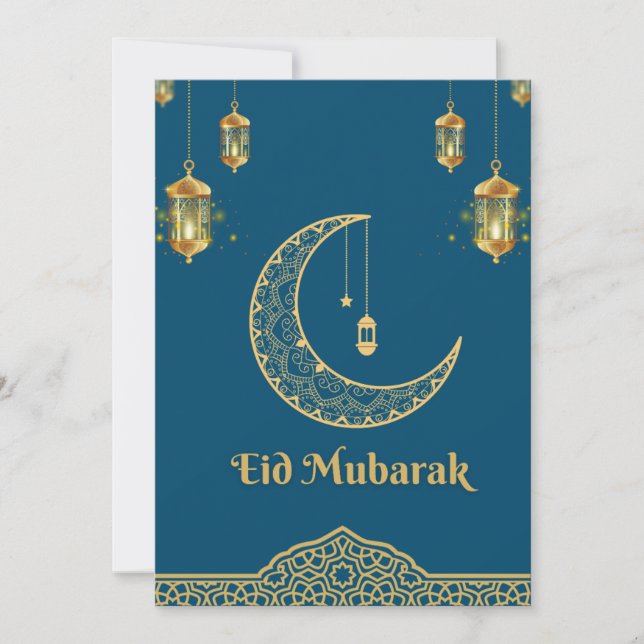 Cartão De Festividades Feliz Eid Mubarak Azul e Ouro Crescente (Frente)