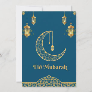 Cartão De Festividades Feliz Eid Mubarak Azul e Ouro Crescente