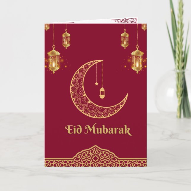 Cartão De Festividades Feliz Eid Mubarak Burgundy e Crescente Ouro (Frente)