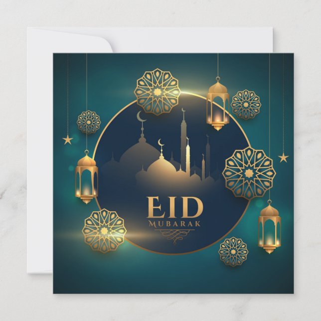 Cartão De Festividades Feliz Eid Mubarak Crescent Stars Lanterna Islâmica (Frente)
