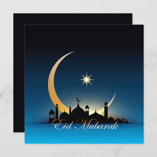 Cartão De Festividades Feliz Eid Mubarak Cresent - Estrela - Mesquita Azu (Frente/Verso)