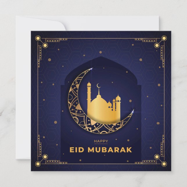 Cartão De Festividades Feliz Eid Mubarak Dourado Crescent Mosca Azul (Frente)