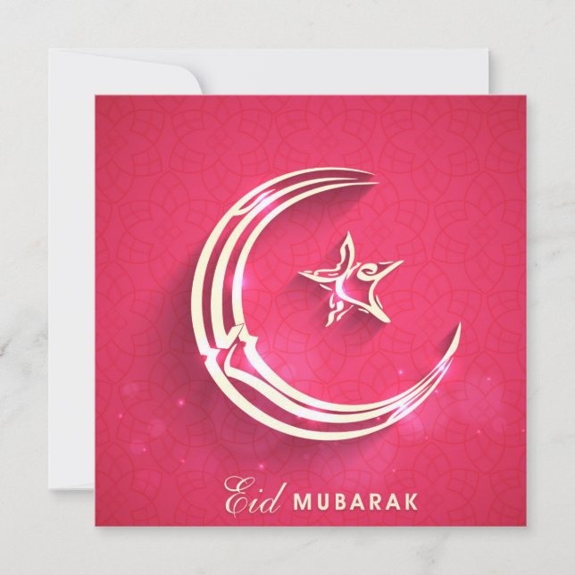 Cartão De Festividades Feliz Eid Mubarak Rosa e Crescente Branco e Estrel (Frente)