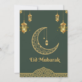 Cartão De Festividades Feliz Eid Mubarak Verde Escuro e Crescente Ouro