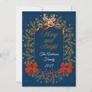 Cartão De Festividades Feliz Elegante Dourada Azul Escuro e Natal Brilhan