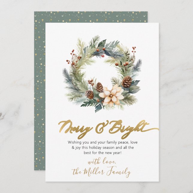 Cartão De Festividades Feliz Elegante e Bright Script Wreath Greenery (Frente/Verso)