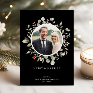 Cartão De Festividades Feliz Elegante e Foto Botânica Negra Casada