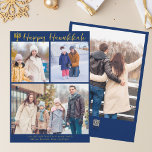 Cartão De Festividades Feliz Família Hanukkah 3 Foto Colagem Moderna Azul<br><div class="desc">A moderna e personalizável coleção de fotos da família judia Hanukkah,  com uma coleção de fotos de inverno. Adicione 3 das suas memórias favoritas de Chanukah neste moderno layout de três fotografias abaixo de uma menorah e um guião cursivo dourado. Feliz Hanukkah.</div>