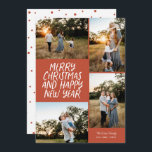 Cartão De Festividades Feliz Feliz ano novo de Natal 4 Photo Collage Hol<br><div class="desc">Esta placa de feriado na moda 4-Photo apresenta saudação de estilo manuscrito e uma colagem de fotos. O reverso apresenta um padrão de ponto flutuante. Todas as cores são personalizáveis.</div>