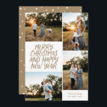 Cartão De Festividades Feliz Feliz ano novo de Natal 4 Photo Collage Hol<br><div class="desc">Esta placa de feriado na moda 4-Photo apresenta saudação de estilo manuscrito e uma colagem de fotos. O reverso apresenta um padrão de ponto flutuante. Todas as cores são personalizáveis.</div>
