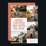 Cartão De Festividades Feliz Feliz ano novo de Natal 4 Vermelho de Colage<br><div class="desc">Esta placa de feriado na moda 4-Photo apresenta saudação de estilo manuscrito e uma colagem de fotos. O reverso apresenta um padrão de ponto flutuante. Todas as cores são personalizáveis.</div>