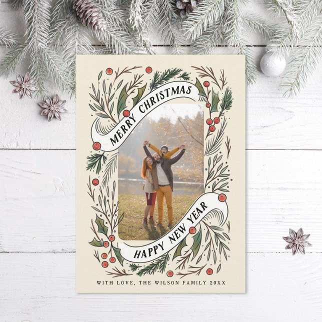 Cartão De Festividades Feliz Feliz ano novo de Natal Pine Holly Foto (Criador carregado)