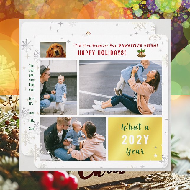 Cartão De Festividades Feliz Feriado Feliz Feriado de Cachorro Gato 4 (Cute Funny Pet Dog Pawsitive Vibes Happy Holidays 'Tis the Season 4 Photos Golden What a Year Letter)