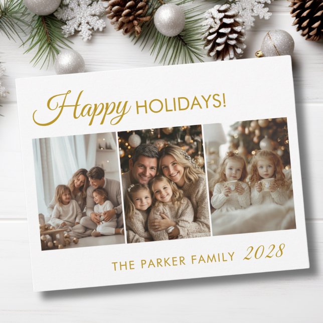 Cartão De Festividades Feliz Feriados! 3 Foto, Branco,Mínimo (Happy Holidays! 3 Photo, White,Minimal Holiday Card)