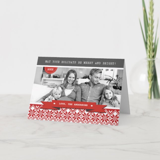 Cartão De Festividades Feliz Férias. Foto de Natal de Padrão Nórdico (Frente)