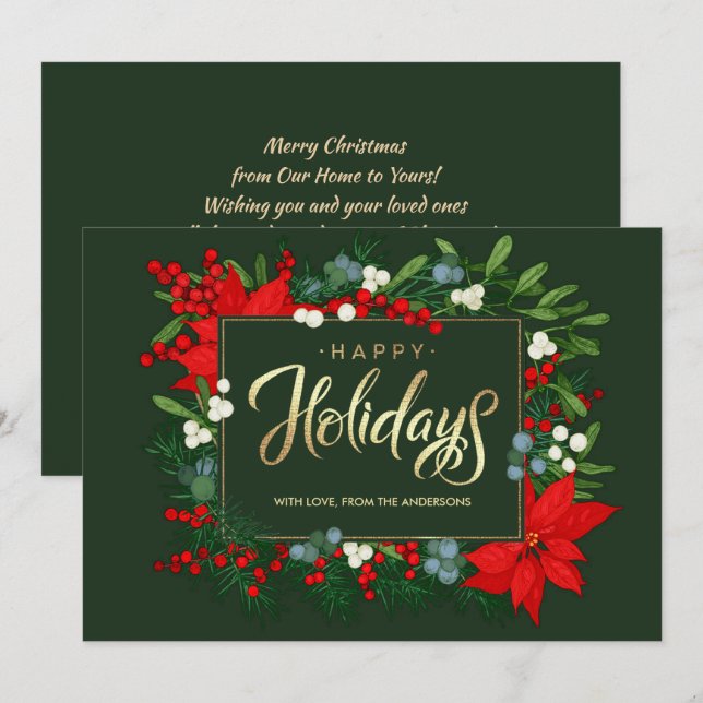 Cartão De Festividades Feliz Férias. Mão desenhada Mistletoe, Poinsettia (Frente/Verso)