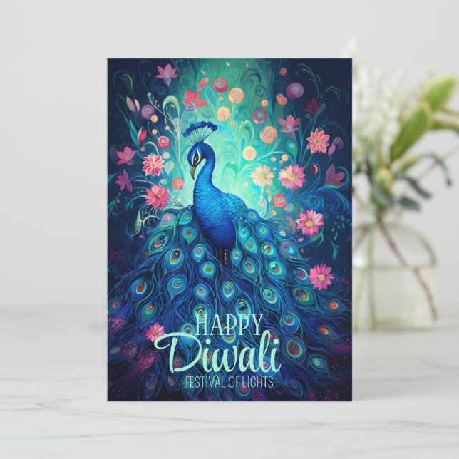 Cartão De Festividades Feliz Festival Diwali de Luzes Peacock (Em pé/Frente)