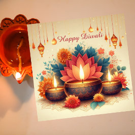 Cartão De Festividades Feliz Festival Diwali Diya Lotus de Floral Claro