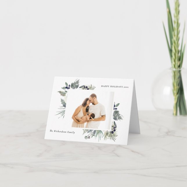Cartão De Festividades Feliz Foto de Folhagem Verde Desbotada de Natal Br (Frente)
