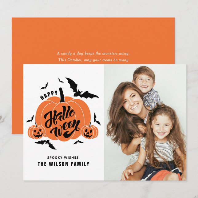Cartão De Festividades Feliz Foto do Dia das Bruxas Felizes Pumpkins (Frente/Verso)