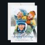 Cartão De Festividades Feliz Foto do Script Azul de Natal<br><div class="desc">Este cartão festivo apresenta sua foto favorita com capa branca ombre e texto de roteiro "feriados felizes" com seu nome de família e ano abaixo. A parte traseira apresenta tiras de pincel azuis e confete dourado. Fácil de personalizar clicando em "Personalizar". Perfeito por enviar torcida de férias para amigos e...</div>