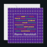 Cartão De Festividades FELIZ Fruta HANUKKAH da Raposa da Espírito<br><div class="desc">Um cartão de saudação do Feliz Hanukkah,  com uma estrela de prata de David em um padrão de fundo sutil. FRUTA DO ESPÍRITO,  incluindo as traduções hebraicas,  são escritas em vermelho,  amarelo e verde. FELIZ HANUKKAH é personalizável se você quiser adicionar outra saudação. Parte da coleção HANUKKAH.</div>