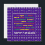 Cartão De Festividades FELIZ Fruta HANUKKAH da Raposa da Espírito<br><div class="desc">Um cartão de saudação do Feliz Hanukkah,  com uma estrela de prata de David em um padrão de fundo sutil. FRUTA DO ESPÍRITO,  incluindo as traduções hebraicas,  são escritas em vermelho,  amarelo e verde. FELIZ HANUKKAH é personalizável se você quiser adicionar outra saudação. Parte da coleção HANUKKAH.</div>