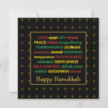 Cartão De Festividades FELIZ Fruta HANUKKAH do Espírito Menorah BLACK<br><div class="desc">Cartão de saudação Feliz Hanukkah, colorido, com menorras falsas de ouro em sutil padrão de fundo. A fruta DO ESPÍRITO, incluindo as traduções hebraicas, está escrita em vermelho, amarelo e verde. HELY HANUKKAH é personalizável se você quiser adicionar outra saudação. O dentro de mensagem também pode ser alterado para uma...</div>