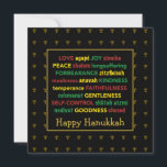 Cartão De Festividades FELIZ Fruta HANUKKAH do Espírito Menorah BLACK<br><div class="desc">Cartão de saudação Feliz Hanukkah, colorido, com menorras falsas de ouro em sutil padrão de fundo. A fruta DO ESPÍRITO, incluindo as traduções hebraicas, está escrita em vermelho, amarelo e verde. HELY HANUKKAH é personalizável se você quiser adicionar outra saudação. O dentro de mensagem também pode ser alterado para uma...</div>