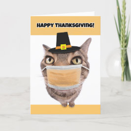 Cartão De Festividades Feliz Gato de Ação de Graças em Máscara de Coronav