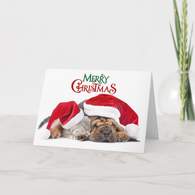 Cartão De Festividades Feliz gato e cachorro de Natal (Frente)