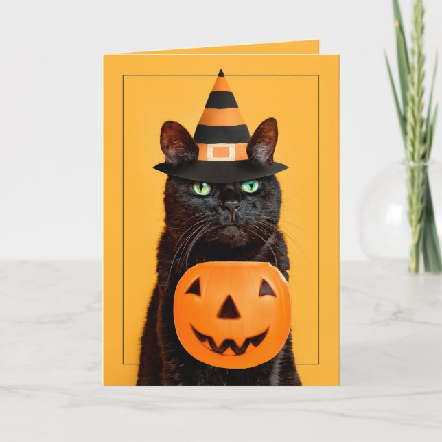 Cartão De Festividades Feliz Gato Negro Engraçado de Halloween no Chapéu  (Frente)