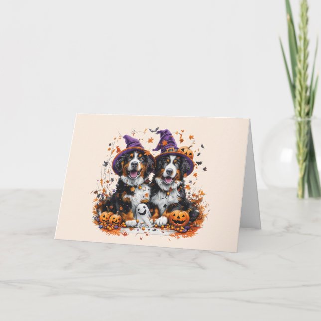 Cartão De Festividades Feliz Halloween Bernese Mountain Dogs (Frente)